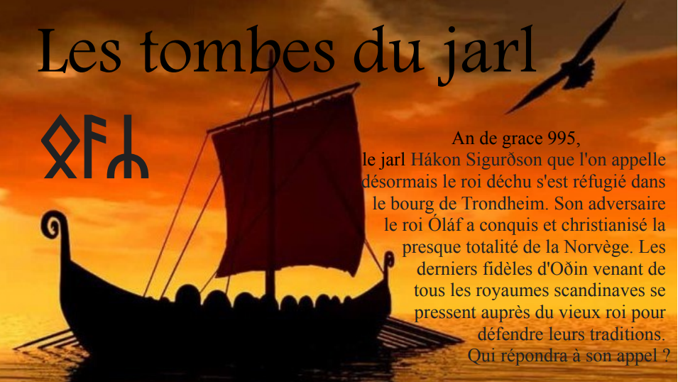 L'image est un flyer, on y voit l'ombre d'un bateau vikings sur la mer avec un couché de soleil et un oiseau en haut à droite. Les tombes du Jarl est écrit en gros avec en dessous trois rune vikings. Il y a aussi un texte avec le scénario du jeux de rôles grandeur nature.