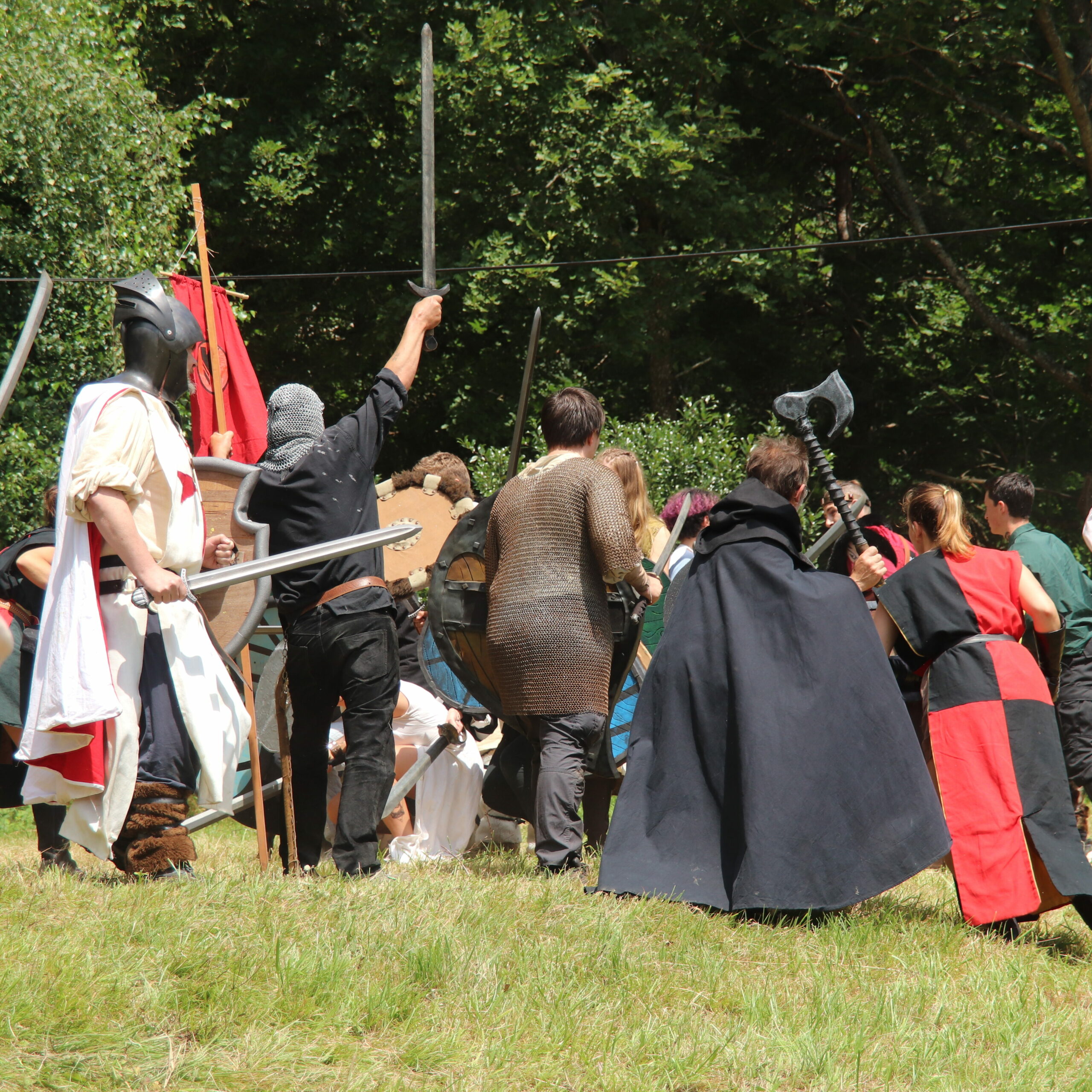 L'image représente une scène de combat. On y voit notamment un chevalier avec un tabard blanc, un homme en noir avec un camail brandissant une épée, un autre homme avec une cote de mail, un avec une hache et une cape noir et une dernière personne avec un tabard noir et rouge. On peut aussi apercevoir d'autres épées et des boucliers. La scène se passe dans un champs près de la forêt.